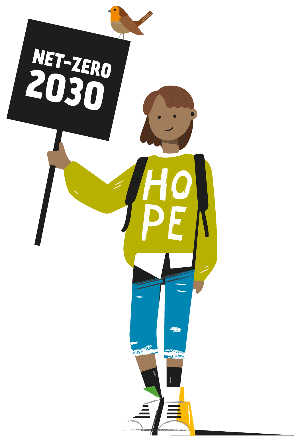 Illustration of a person 'hope' holding a sign saying 'Net-Zero by 2030'